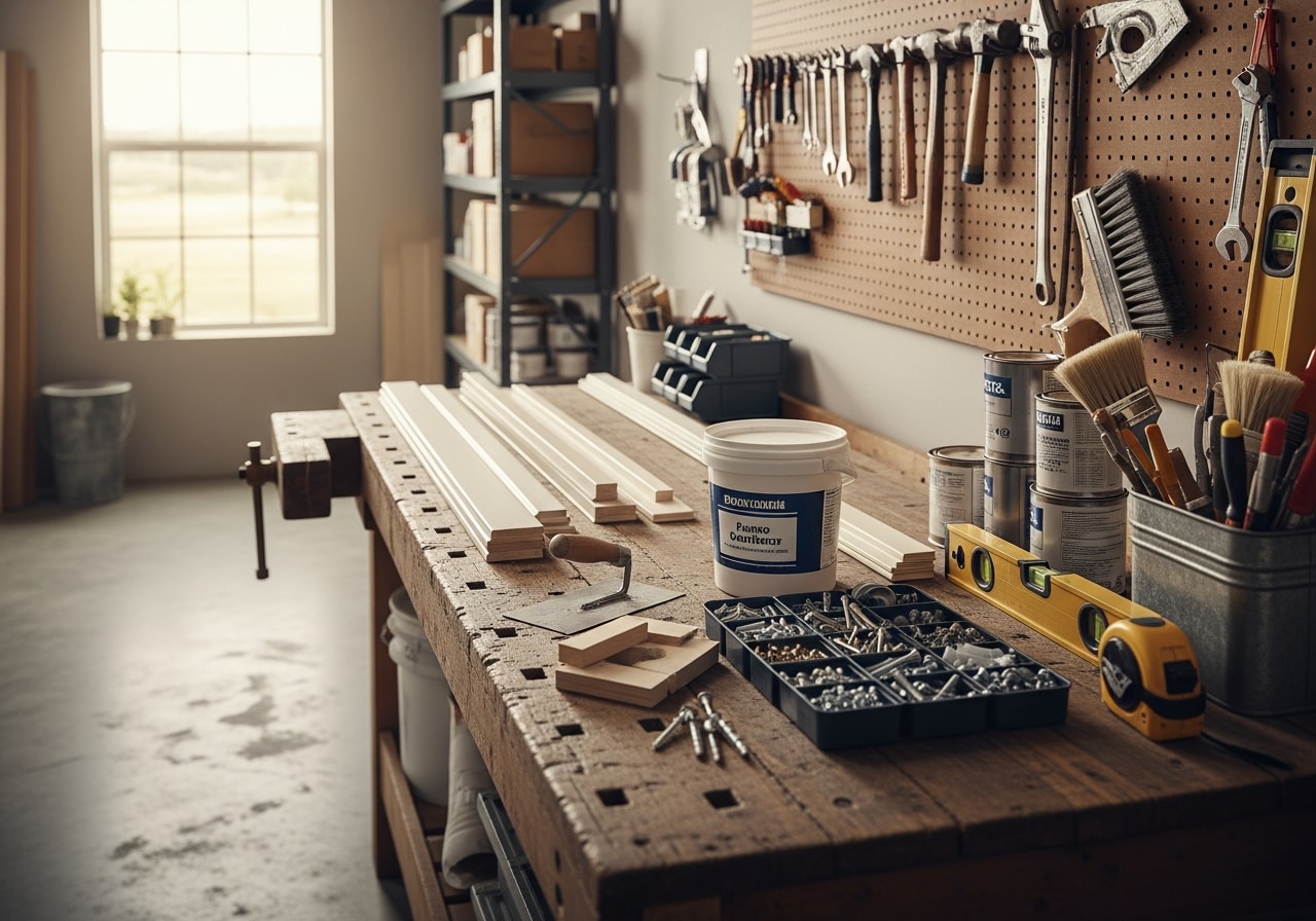 Handyman tools and materials arranged on a work surface, ready for home repair and installation projects.