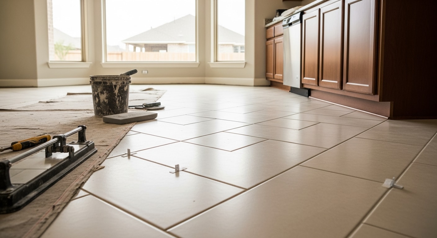 Newly installed tile flooring in residential bathroom