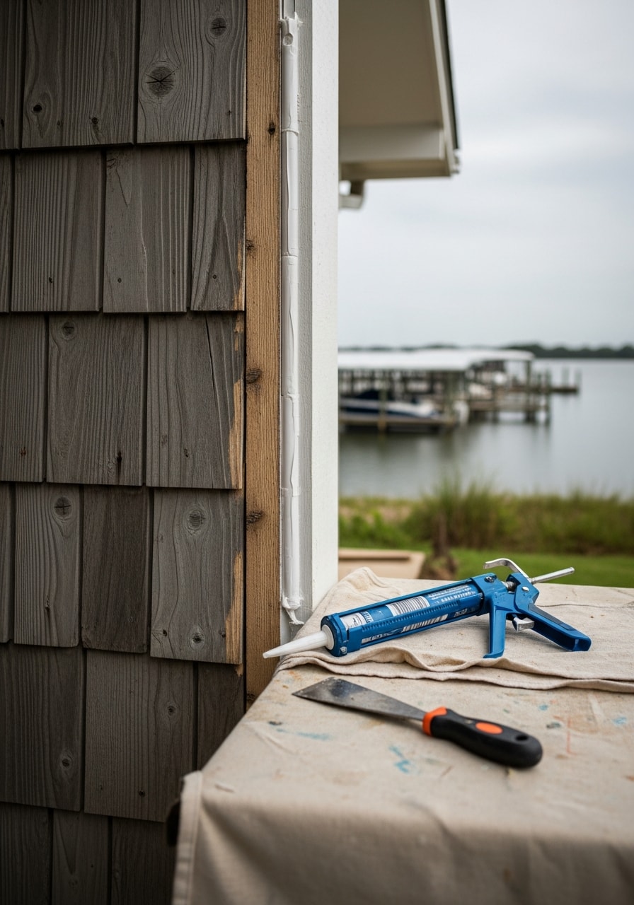 Crew working on exterior maintenance of a Clear Lake property with marina and water views in the distance.