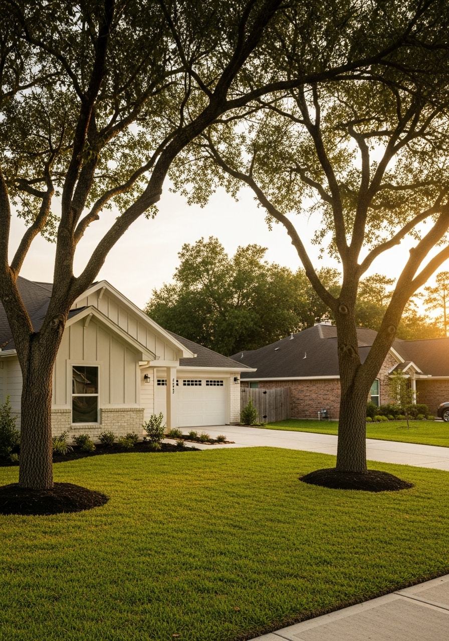 Maintenance crew working on a Friendswood home's exterior with mature trees and neighborhood setting visible.