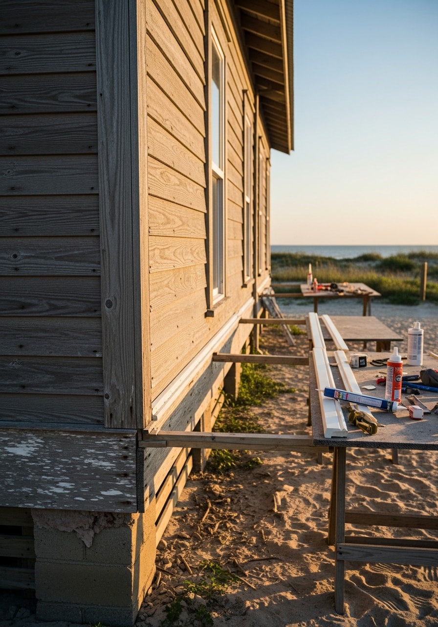 Galveston beachfront property with maintenance crew working on exterior restoration near the shoreline.