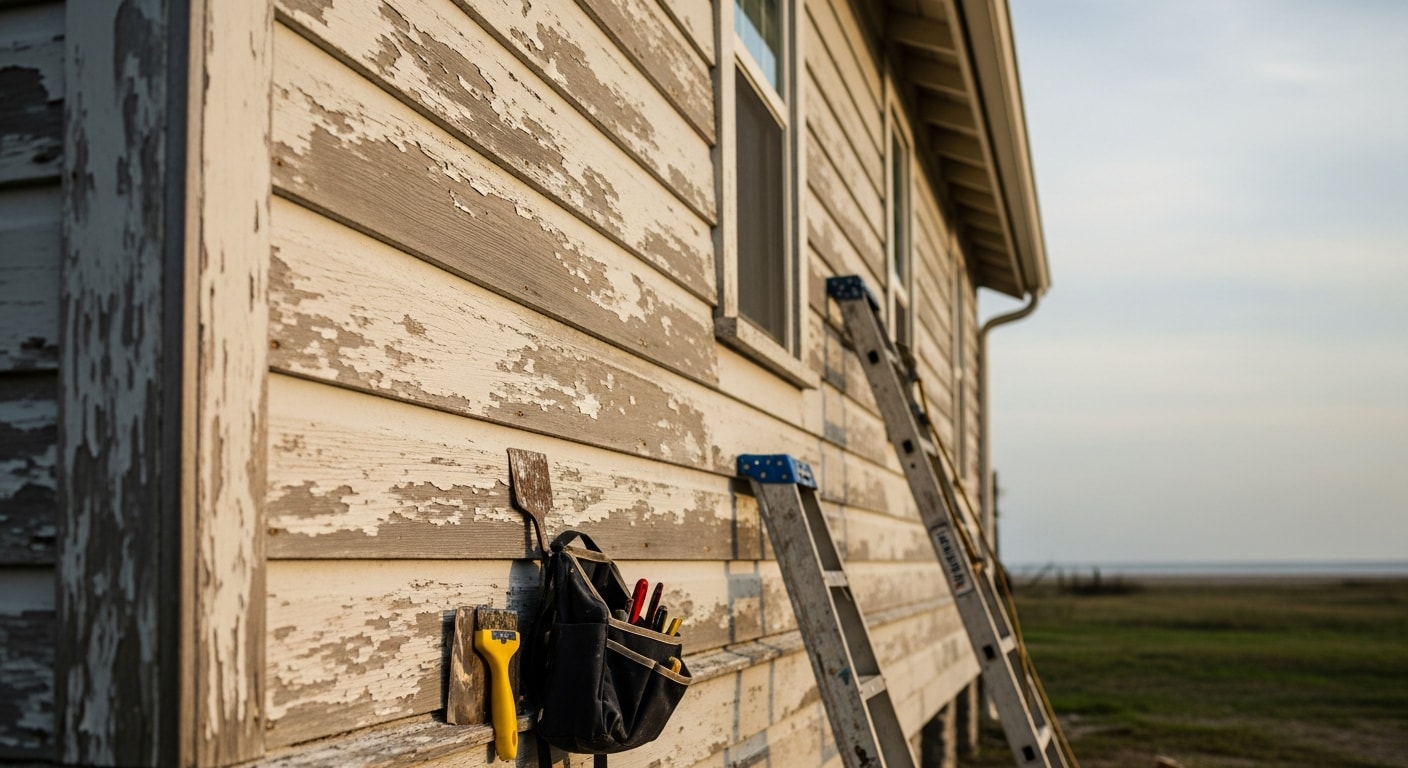 Coastal home in Galveston with Gulf views and weathered exterior siding facing salt-air exposure.