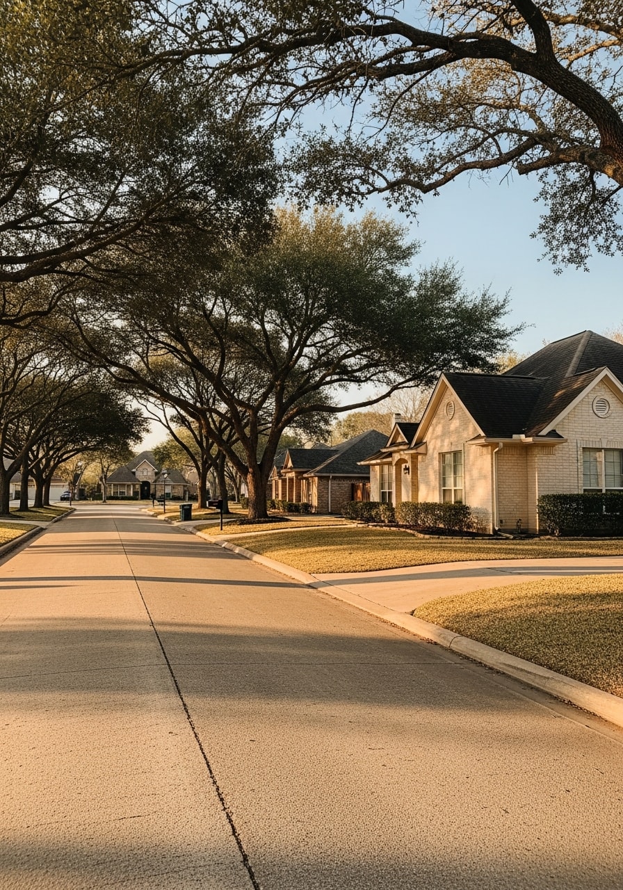 Crew member performing maintenance work on a League City home's exterior with neighborhood homes visible in background.
