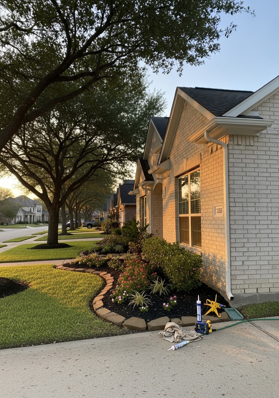 Maintenance crew working on a Pearland home's exterior with other neighborhood properties visible.