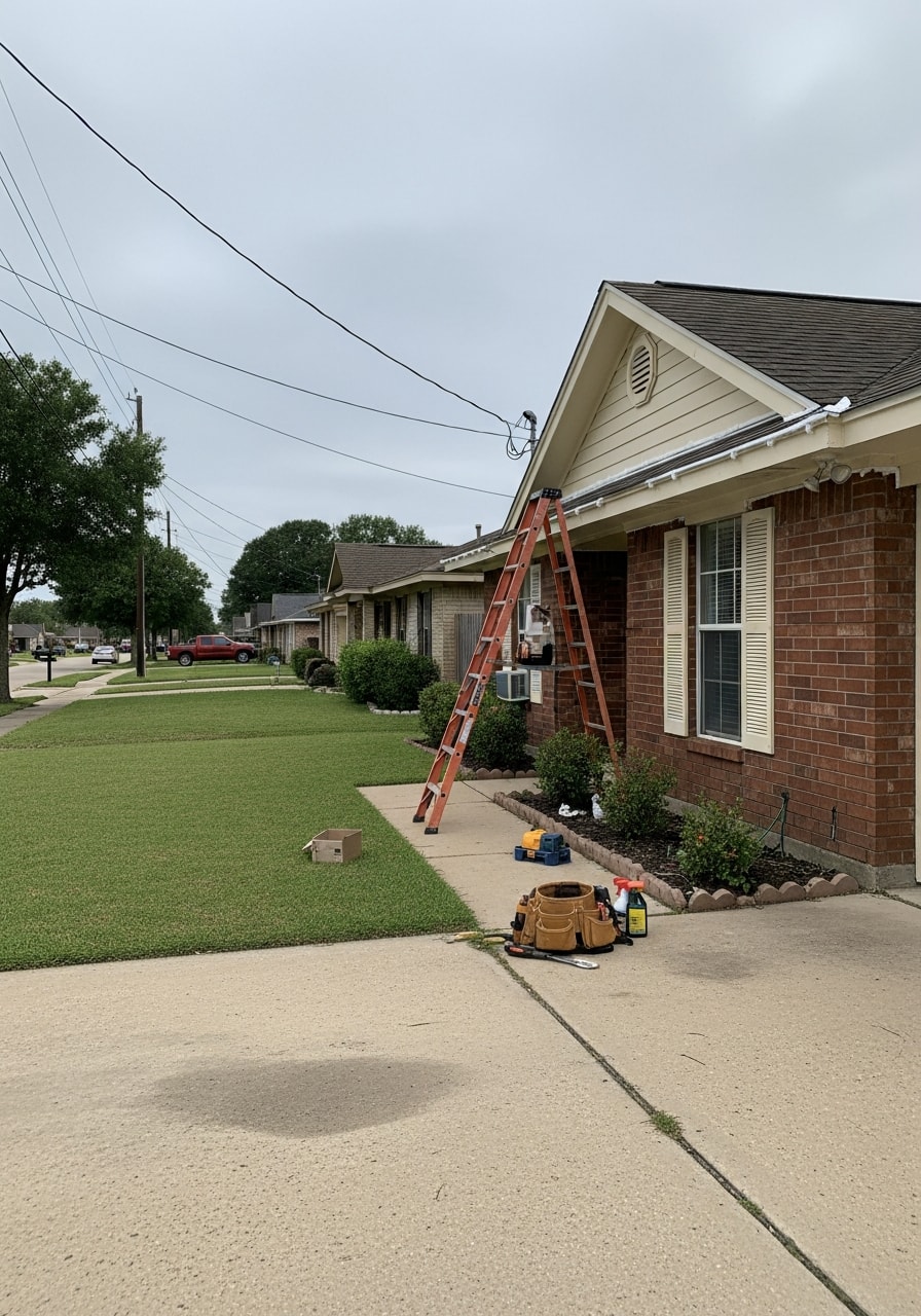 Crew member performing maintenance work on a Webster home's exterior with residential street visible.