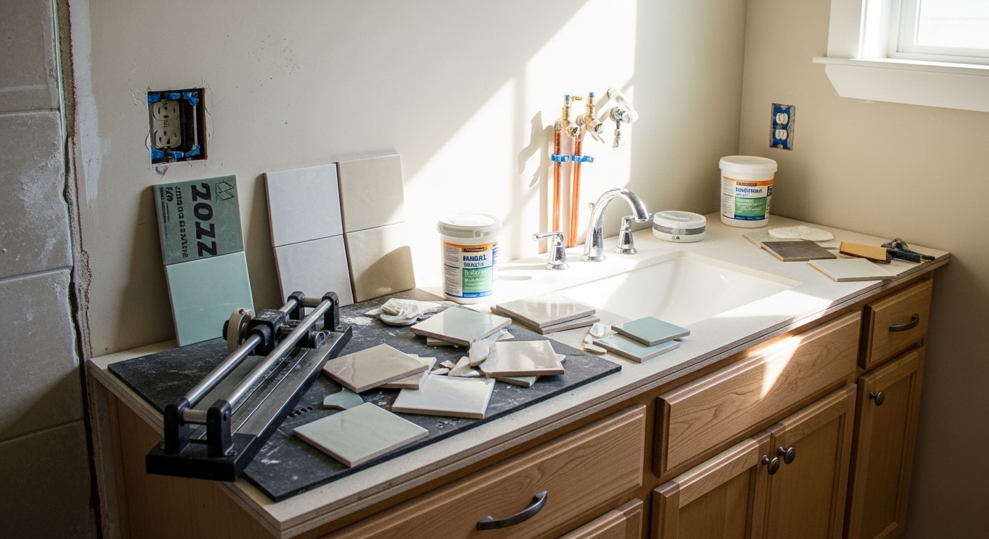Remodeled bathroom interior in a Galveston home featuring updated tile walls, a new vanity, and a walk-in shower with moisture-resistant finishes. Work completed by Pernal Handyman Services LLC as part of a full bathroom remodeling project in Galveston, TX.