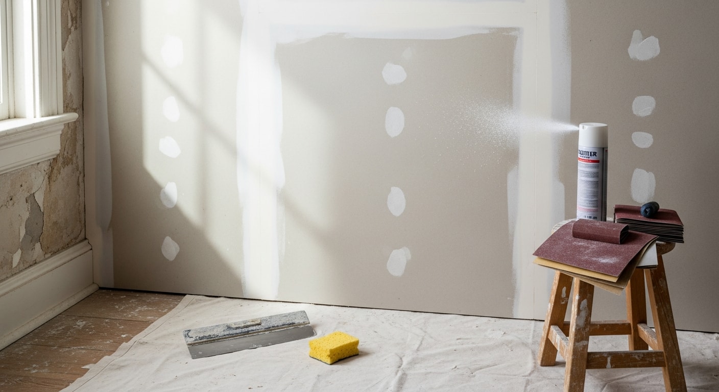 A freshly patched and textured interior wall in a Galveston home, showing a smooth repair that blends with the surrounding drywall surface. The repaired section covers a previously damaged area near a window where coastal humidity had caused paint bubbling and soft spots.