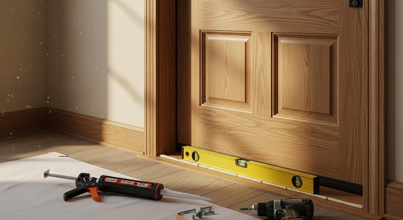 A newly installed exterior front door on a single-family home in Galveston, Texas, with a clean frame seal and fresh weatherstripping visible along the threshold. The coastal residential setting shows a raised home typical of the Galveston Island area.