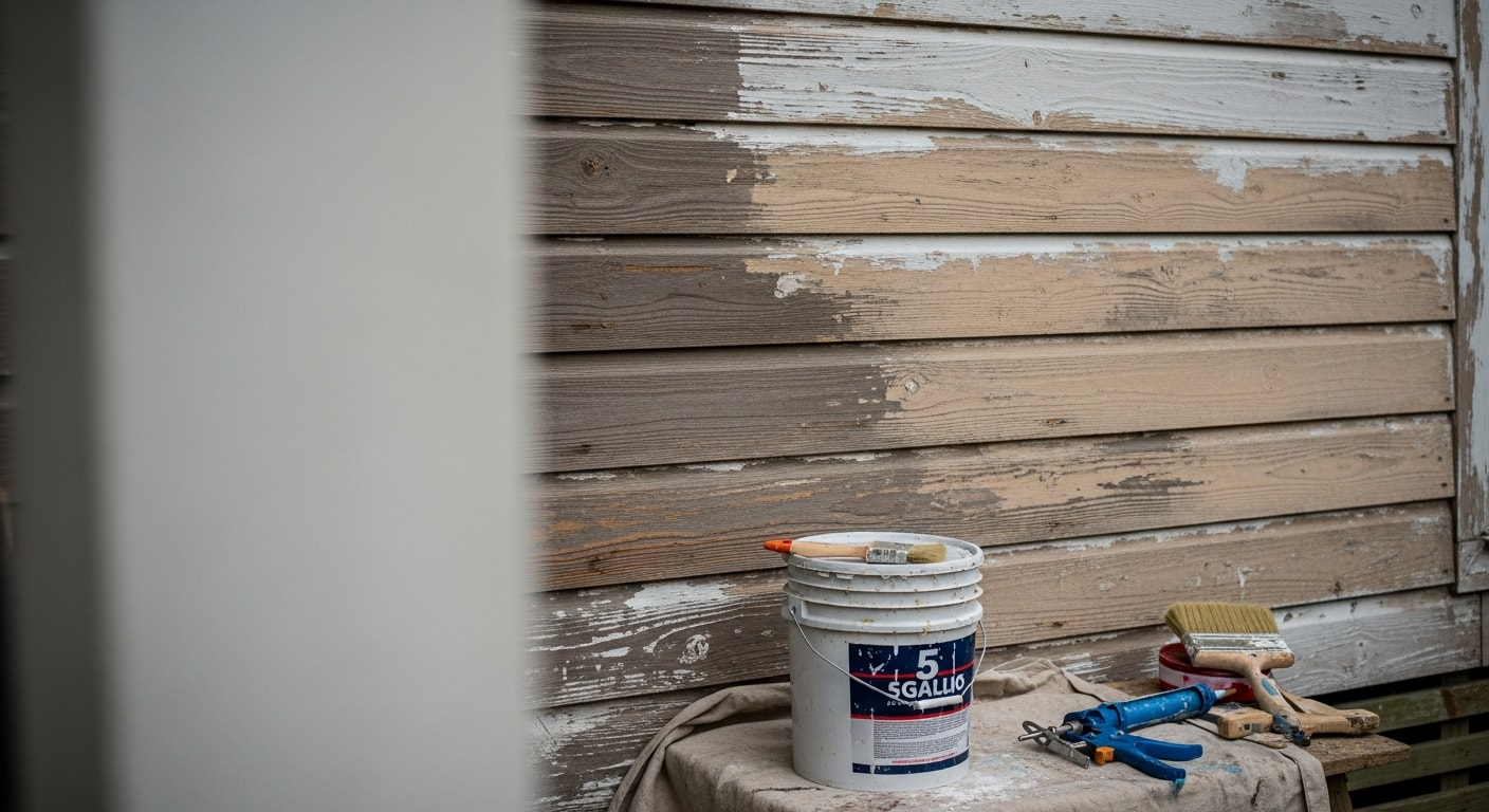 A freshly painted wood-frame home exterior in Galveston, Texas, showing clean siding, painted trim, and a covered porch with no visible peeling or salt damage. The home sits in a residential neighborhood on Galveston Island with coastal light visible in the background.