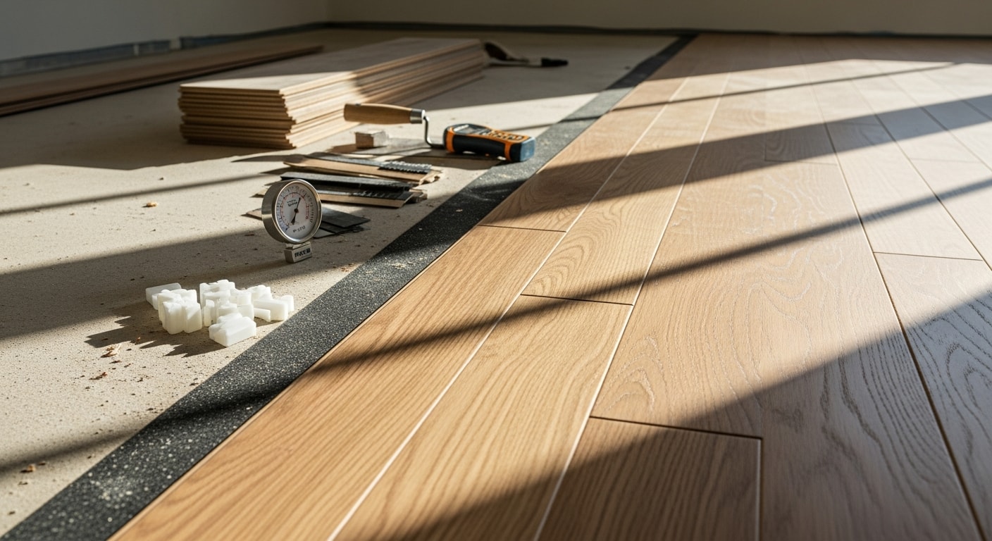 Freshly installed moisture-resistant flooring in a Galveston single-family home, showing clean plank rows meeting a baseboard transition in a well-lit interior room. The subfloor is visible in an adjacent section awaiting installation, reflecting a mid-project flooring job on the Texas Gulf Coast.