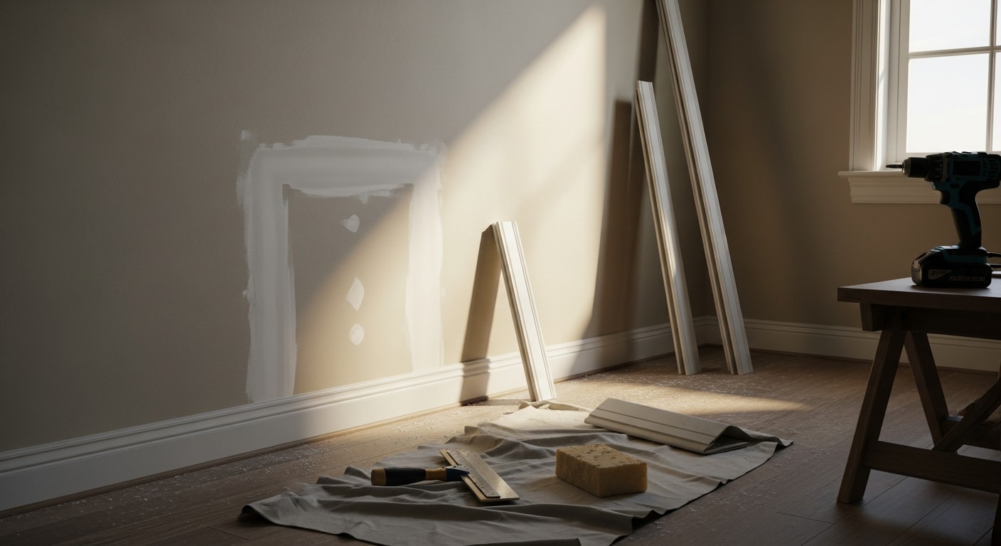 A handyman repairing a weathered door frame inside a Galveston coastal home, with tools and patching materials on a nearby work surface. The repair addresses wood swelling and seal damage common in Galveston's high-humidity Gulf Coast climate.