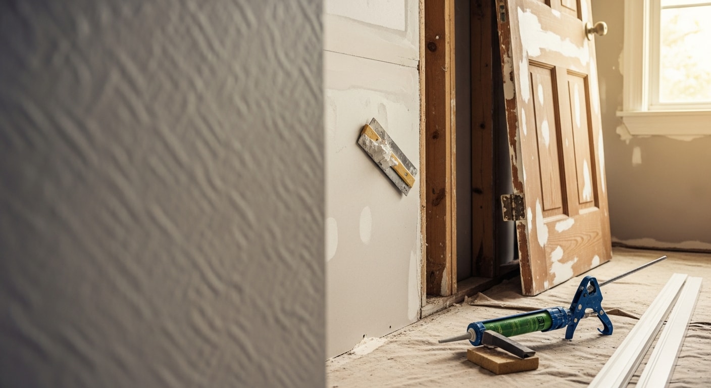 Interior of a Galveston home showing freshly patched drywall, re-caulked window trim, and repaired door hardware after pre-sale handyman repairs. The room is clean and move-in ready, reflecting the coastal home's condition after a full punch list repair visit.