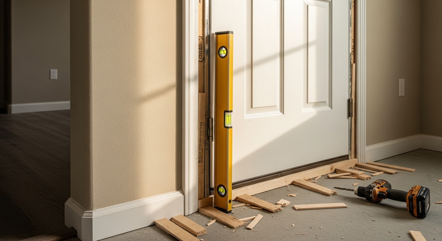 A newly installed interior door in a Galveston home, showing a flush-fitting slab with clean trim and hardware aligned against a painted hallway wall. The door is shown in the closed position with the latch engaged, demonstrating a level, gap-free fit in the frame.