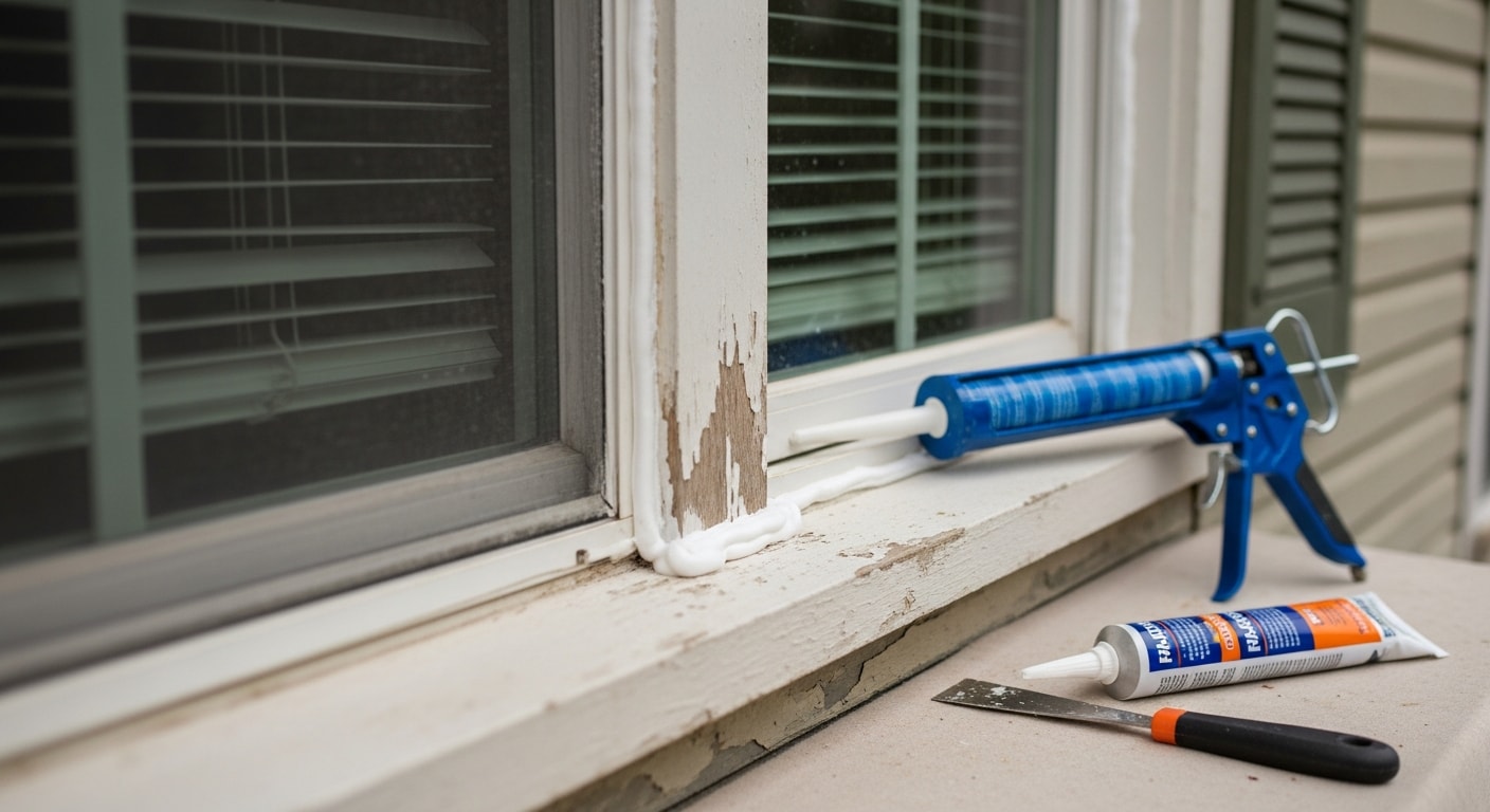 A handyman applying fresh caulk along the exterior window frame of a Galveston coastal home. The finished seal runs clean and even across the joint where the frame meets the siding.