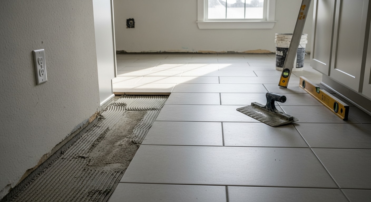 Freshly installed tile floor in a Galveston home bathroom, showing clean grout lines and a moisture-resistant surface. The room reflects the coastal setting with bright natural light and a practical, low-maintenance finish.