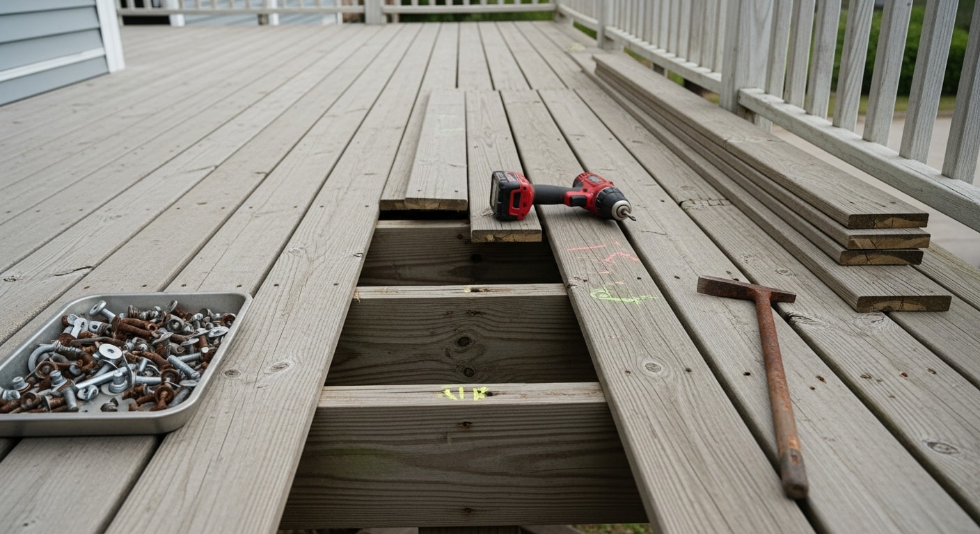 A repaired wood deck on a Galveston residential home showing replaced boards, secured railings, and a freshly refinished surface. The deck faces a coastal backyard typical of Gulf Coast island properties.