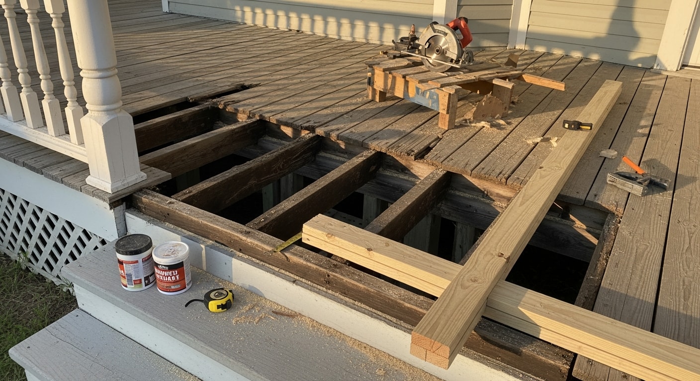 A repaired wood porch on a Galveston home showing replaced decking boards, secured railings, and sealed wood surfaces. The porch structure is level and intact, consistent with coastal residential repair work on the island.
